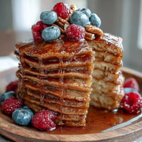 Golden brown High Fiber Protein Pancakes stacked high, drizzled with syrup.
